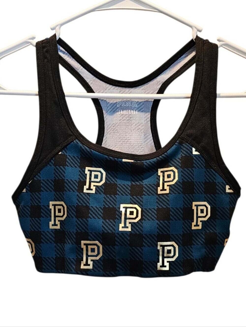 PINK Victoria's Secret Venetian Teal Plaid With Foil Print Racerback Sports Bra